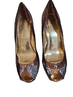 Metallic Copper Snake-Embossed Peep-Toe Pumps